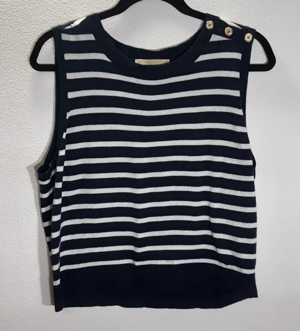 Michael Kors Navy White Stripe Sleeveless Knit Top XL Gold Button Shoulder
